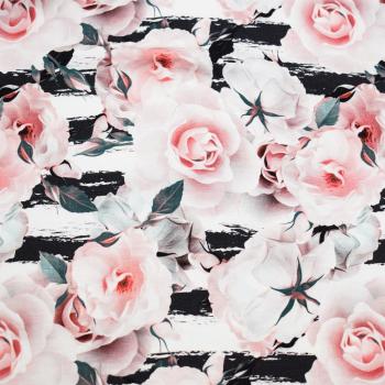 1,55 m Reststück Baumwoll Jersey Glücklich nicht Perfekt Rose Rosen auf Schwarz/Weißen Streifen 